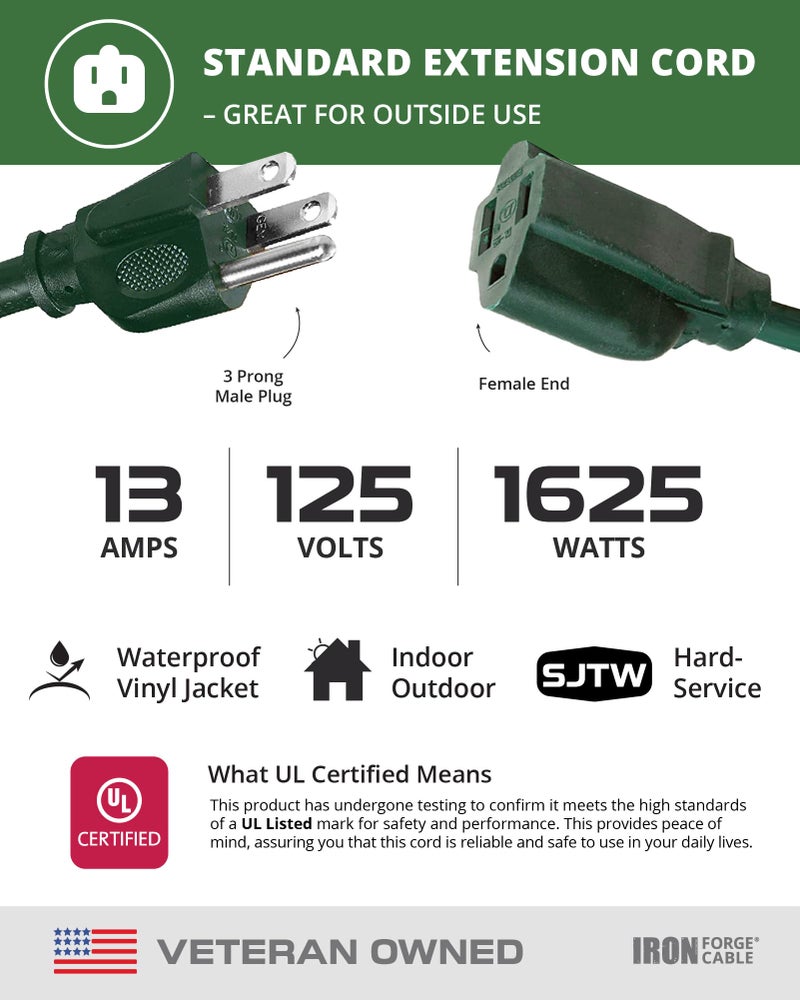 Iron Forge Cable Weatherproof 50 Ft Outdoor Extension Cord - 16/3 SJTW Heavy Duty Green Extension Cord Outdoor 3 Prong - 13 Amp Exterior Power Cable - Image 3